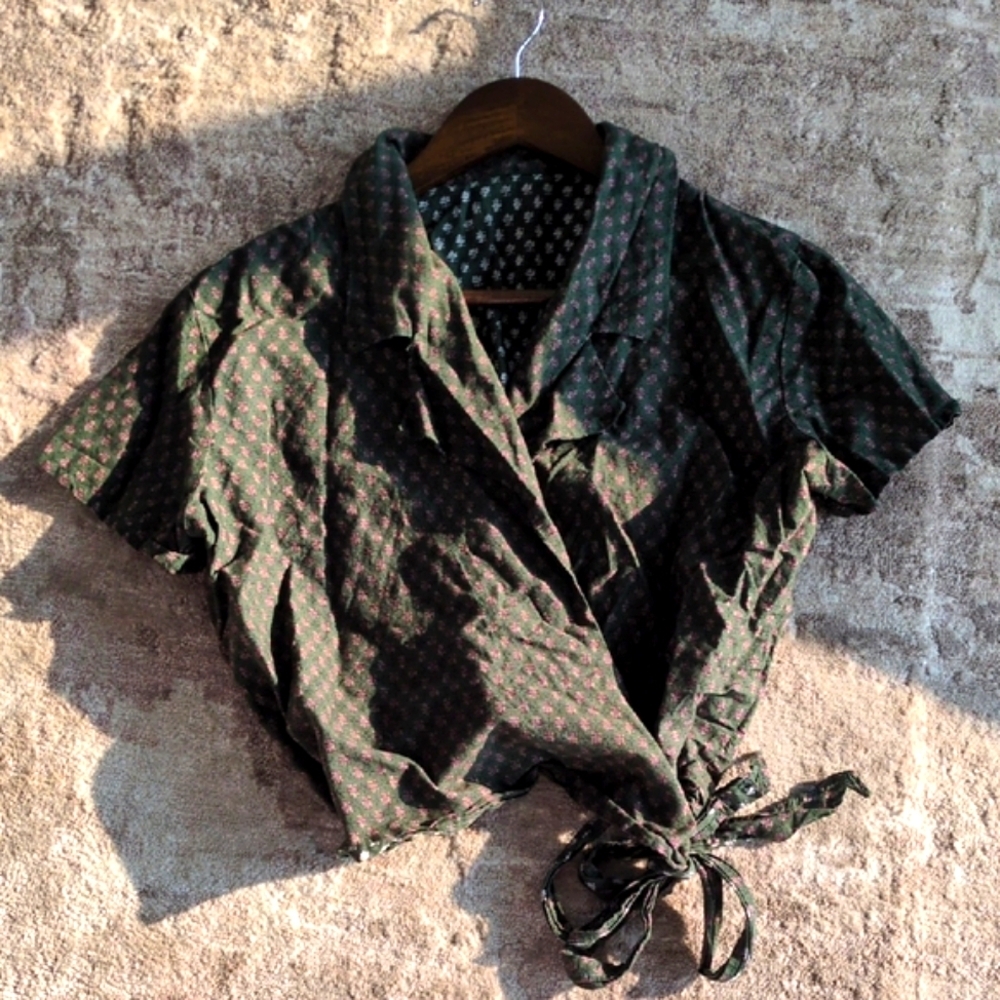 Green Patterned Wrap Blouse